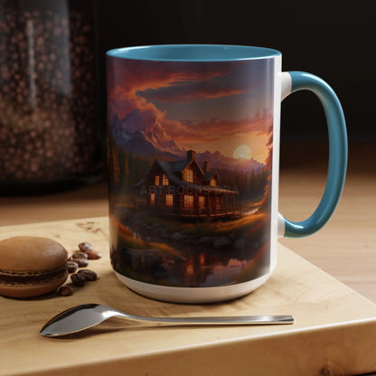 Cabin in the Mountains Sunset Accent Coffee Mug — Cozy Fall Cabin Scene (11/15oz) - Mug