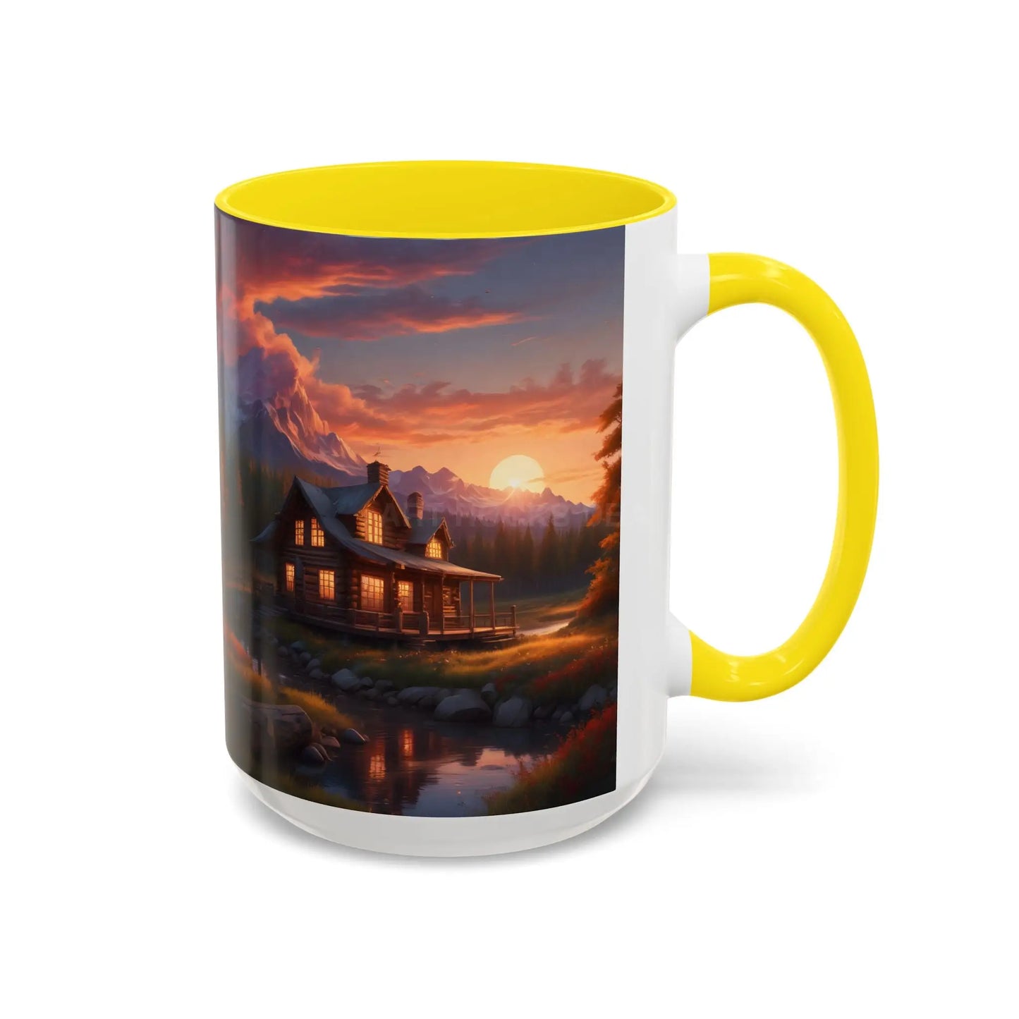 Cabin in the Mountains Sunset Accent Coffee Mug — Cozy Fall Cabin Scene (11/15oz) - Mug