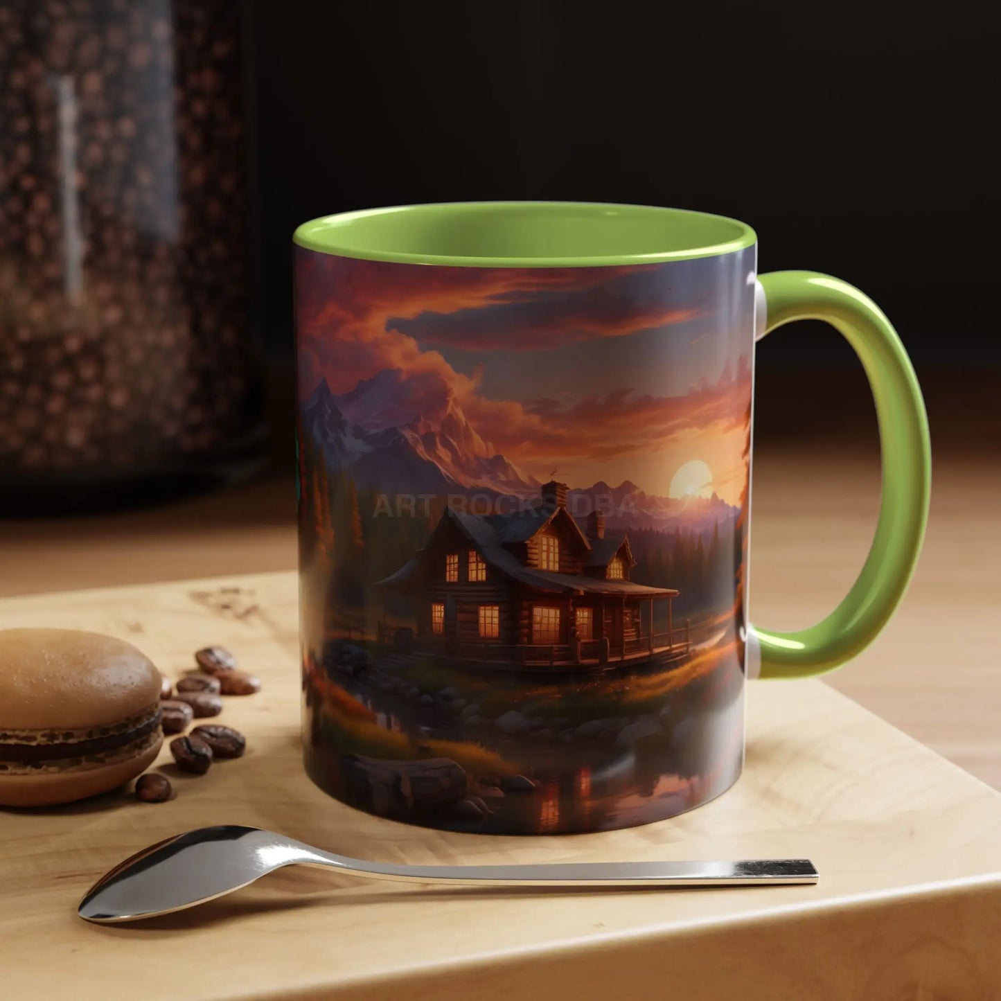 Cabin in the Mountains Sunset Accent Coffee Mug — Cozy Fall Cabin Scene (11/15oz) - Mug
