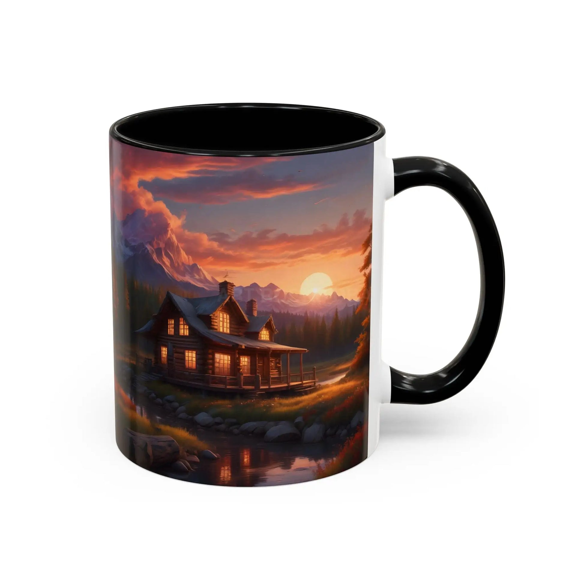 Cabin in the Mountains Sunset Accent Coffee Mug — Cozy Fall Cabin Scene (11/15oz) - Mug