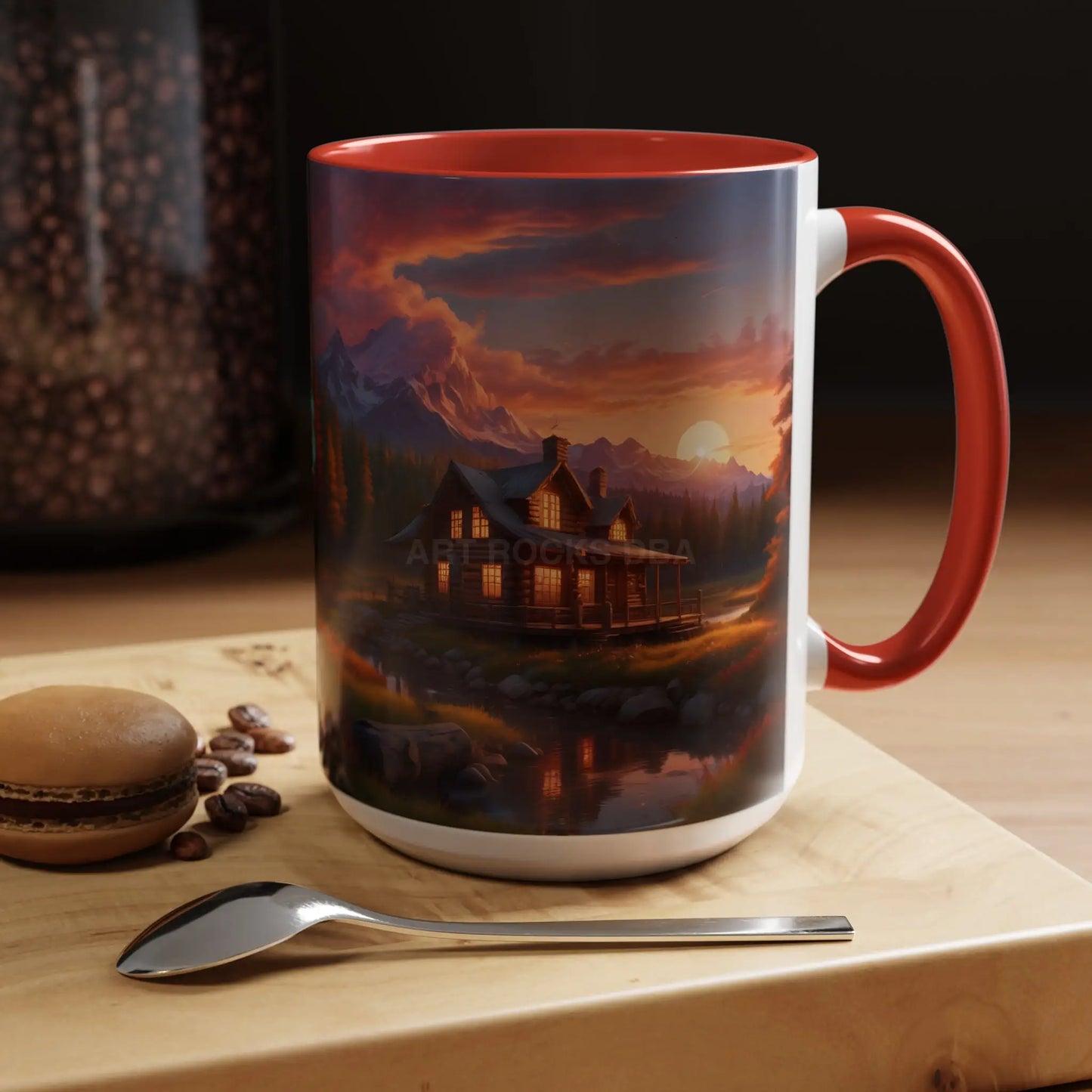 Cabin in the Mountains Sunset Accent Coffee Mug — Cozy Fall Cabin Scene (11/15oz) - Mug