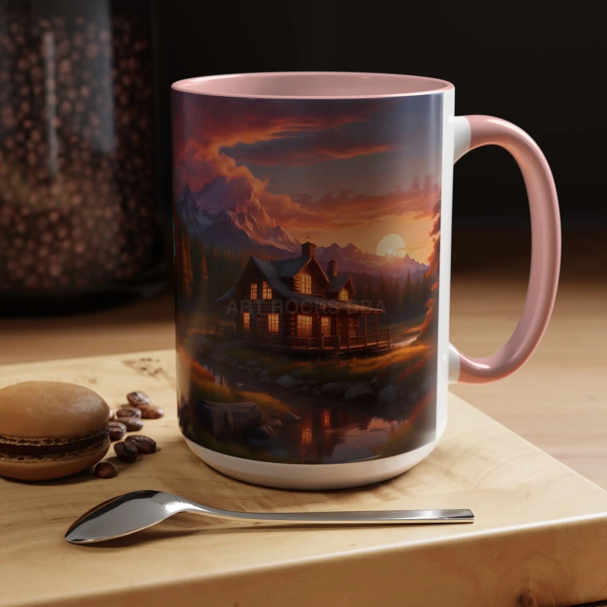 Cabin in the Mountains Sunset Accent Coffee Mug — Cozy Fall Cabin Scene (11/15oz) - Mug