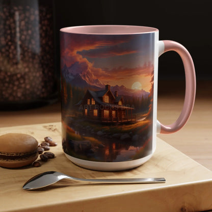 Cabin in the Mountains Sunset Accent Coffee Mug — Cozy Fall Cabin Scene (11/15oz) - Mug