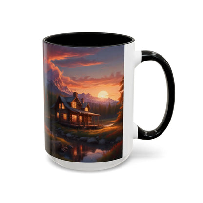 Cabin in the Mountains Sunset Accent Coffee Mug — Cozy Fall Cabin Scene (11/15oz) - Mug