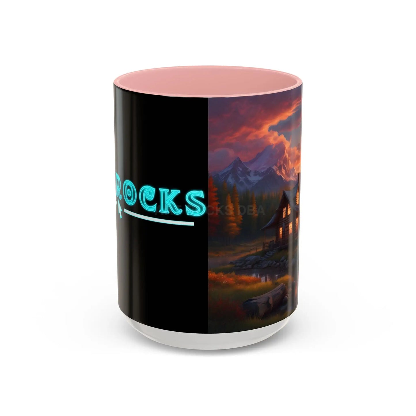 Cabin in the Mountains Sunset Accent Coffee Mug — Cozy Fall Cabin Scene (11/15oz) - 15oz / Pink - Mug