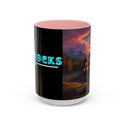 Cabin in the Mountains Sunset Accent Coffee Mug — Cozy Fall Cabin Scene (11/15oz) - 15oz / Pink - Mug