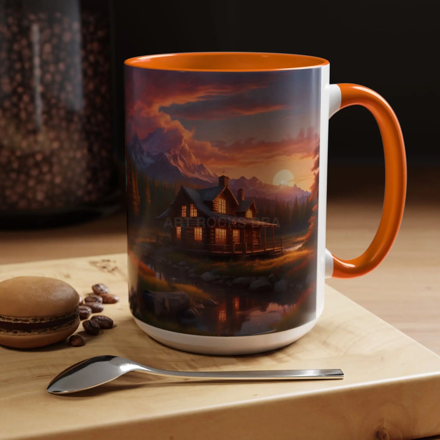 Cabin in the Mountains Sunset Accent Coffee Mug — Cozy Fall Cabin Scene (11/15oz) - Mug