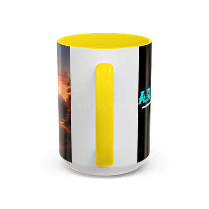 Cabin in the Mountains Sunset Accent Coffee Mug — Cozy Fall Cabin Scene (11/15oz) - Mug