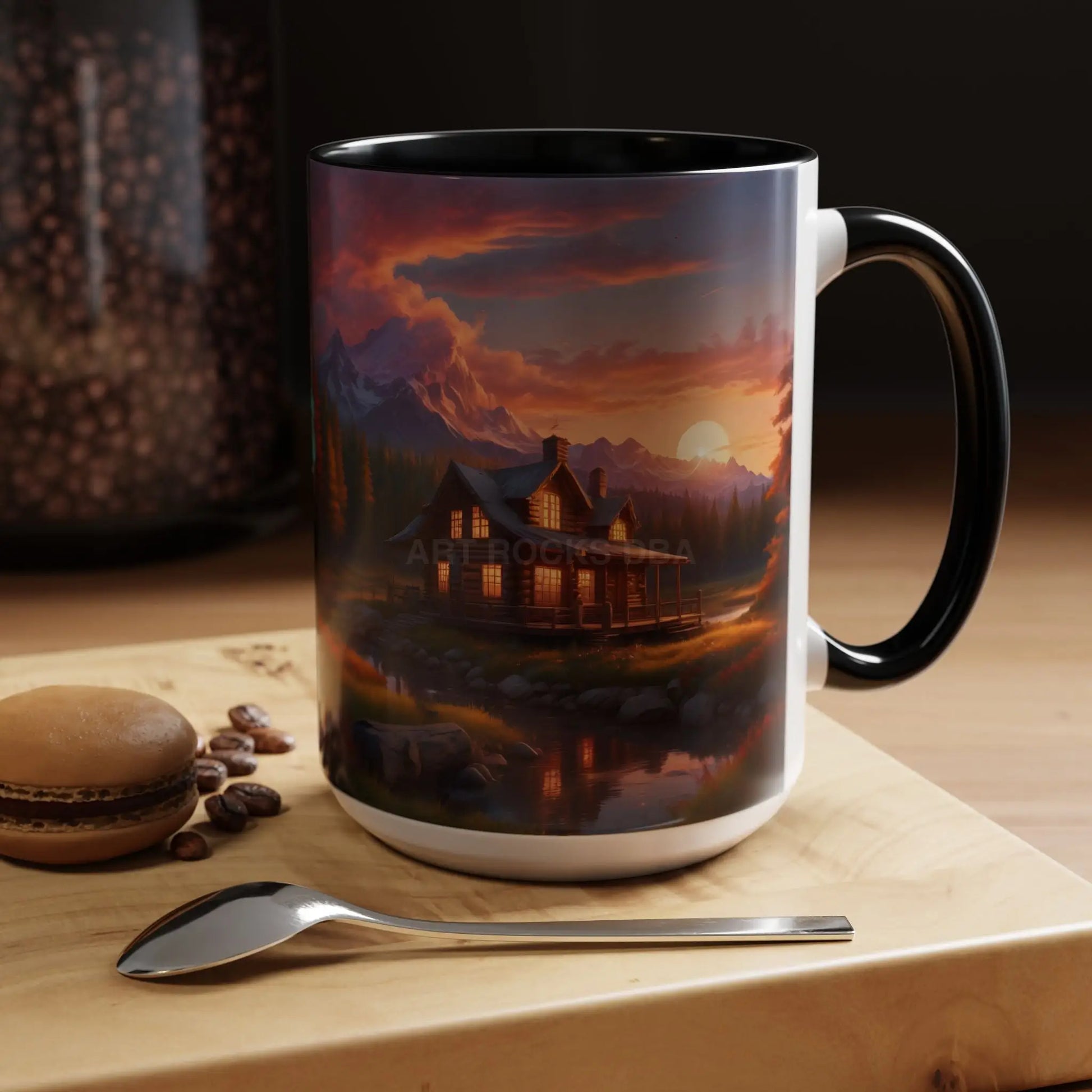 Cabin in the Mountains Sunset Accent Coffee Mug — Cozy Fall Cabin Scene (11/15oz) - Mug