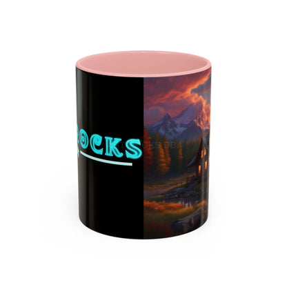 Cabin in the Mountains Sunset Accent Coffee Mug — Cozy Fall Cabin Scene (11/15oz) - 11oz / Pink - Mug