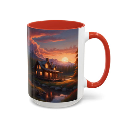 Cabin in the Mountains Sunset Accent Coffee Mug — Cozy Fall Cabin Scene (11/15oz) - Mug