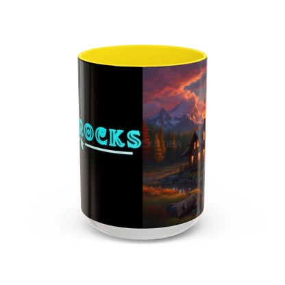 Cabin in the Mountains Sunset Accent Coffee Mug — Cozy Fall Cabin Scene (11/15oz) - 15oz / Yellow - Mug