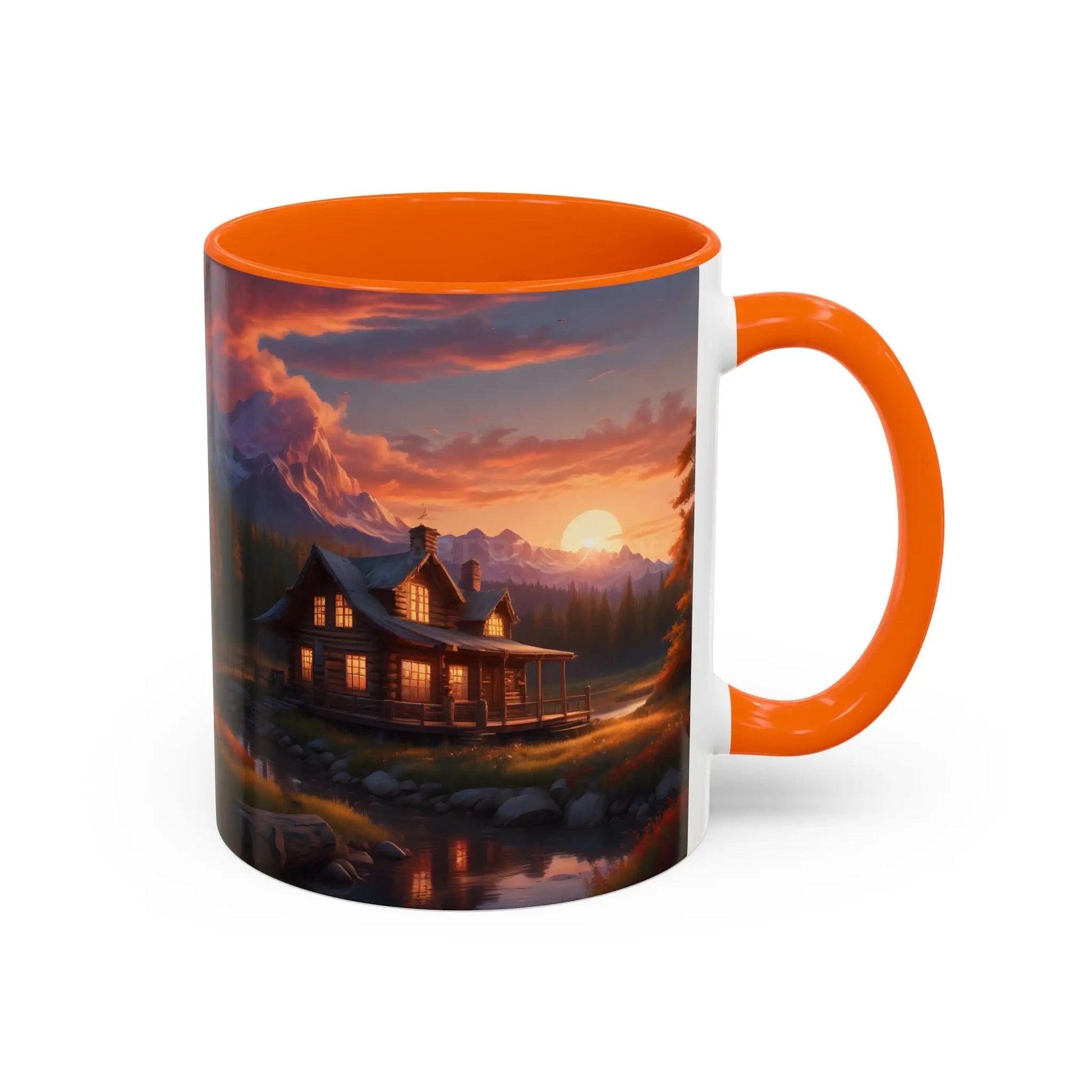 Cabin in the Mountains Sunset Accent Coffee Mug — Cozy Fall Cabin Scene (11/15oz) - Mug