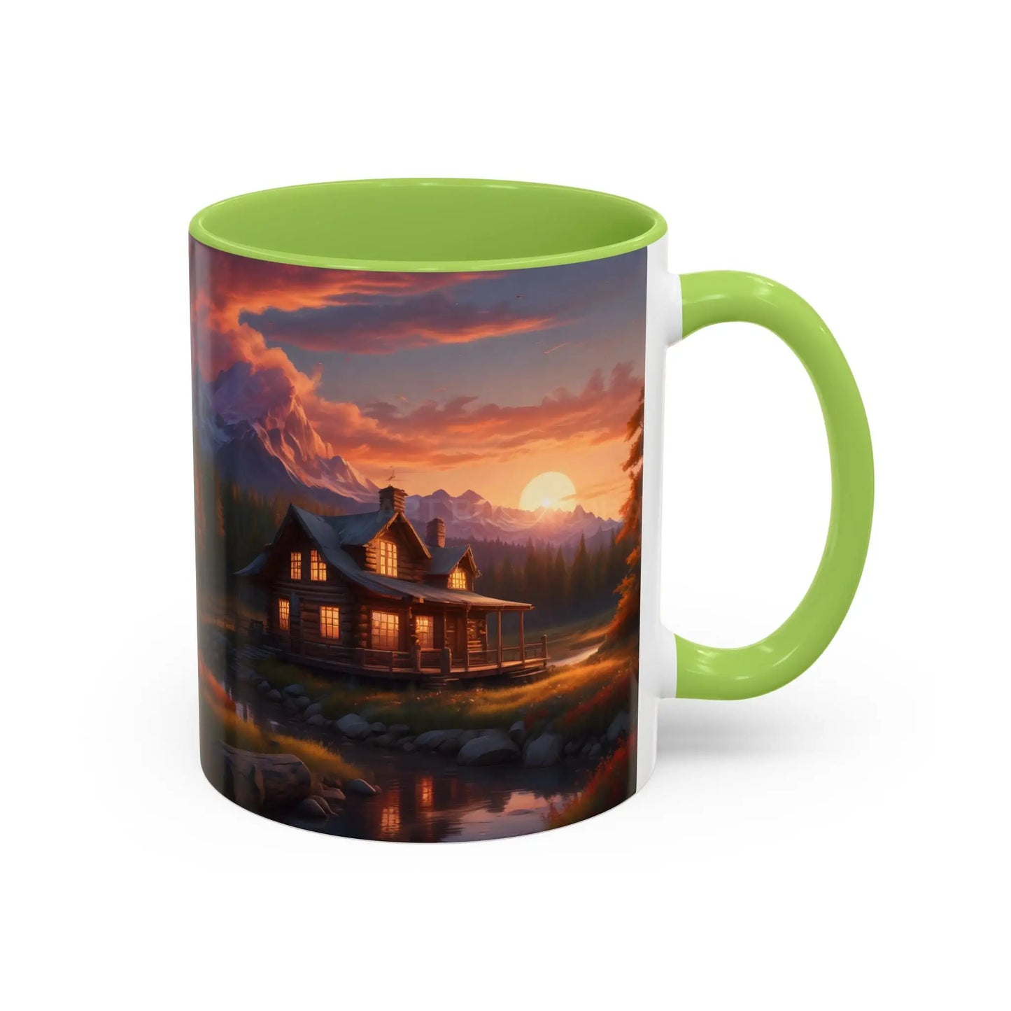 Cabin in the Mountains Sunset Accent Coffee Mug — Cozy Fall Cabin Scene (11/15oz) - Mug