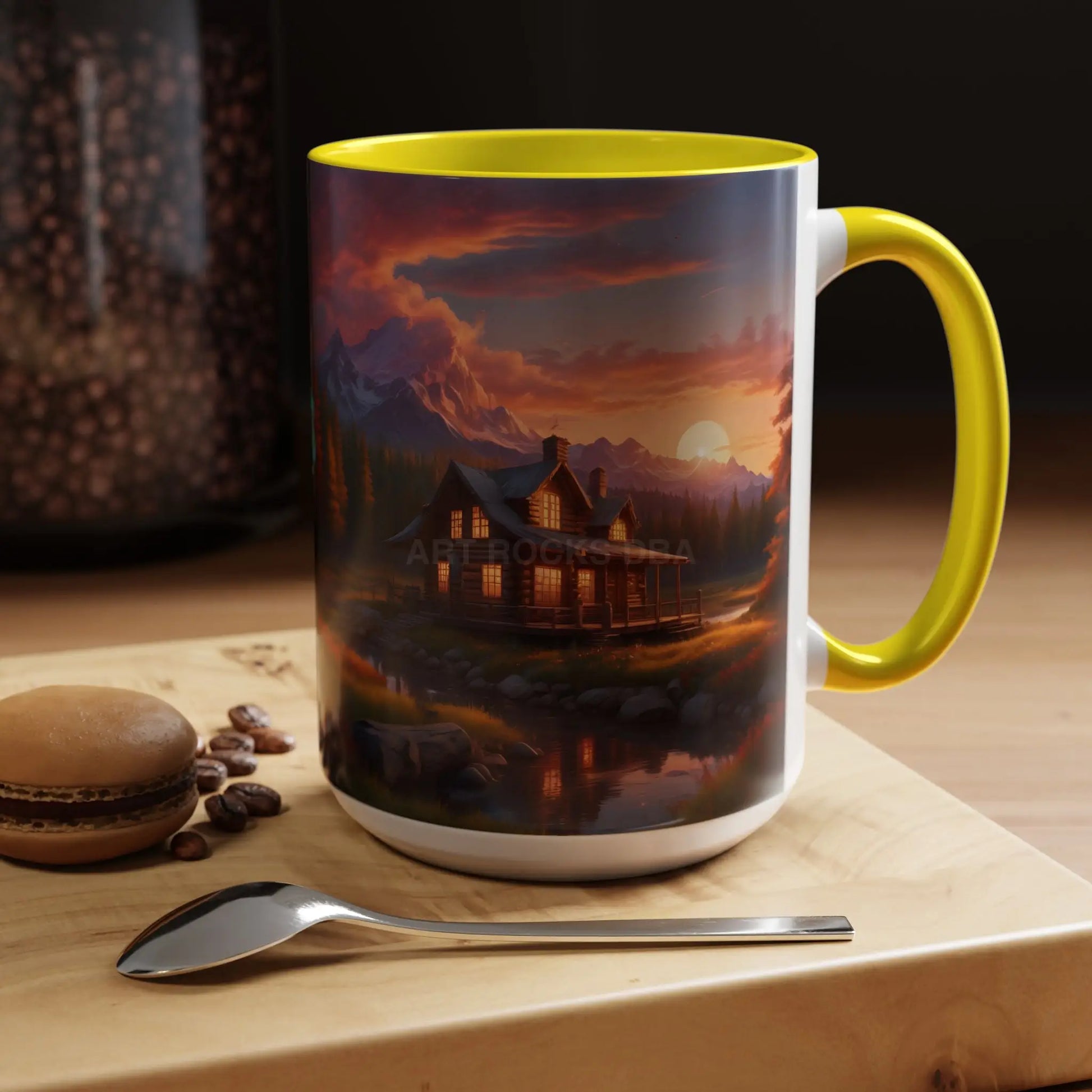 Cabin in the Mountains Sunset Accent Coffee Mug — Cozy Fall Cabin Scene (11/15oz) - Mug