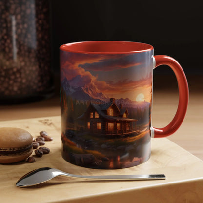 Cabin in the Mountains Sunset Accent Coffee Mug — Cozy Fall Cabin Scene (11/15oz) - 11oz / Red - Mug