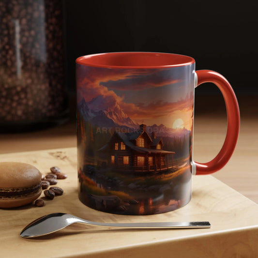 Cabin in the Mountains Sunset Accent Coffee Mug — Cozy Fall Cabin Scene (11/15oz) - 11oz / Red - Mug