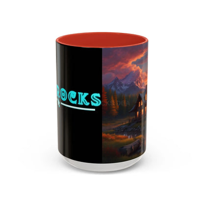 Cabin in the Mountains Sunset Accent Coffee Mug — Cozy Fall Cabin Scene (11/15oz) - 15oz / Red - Mug