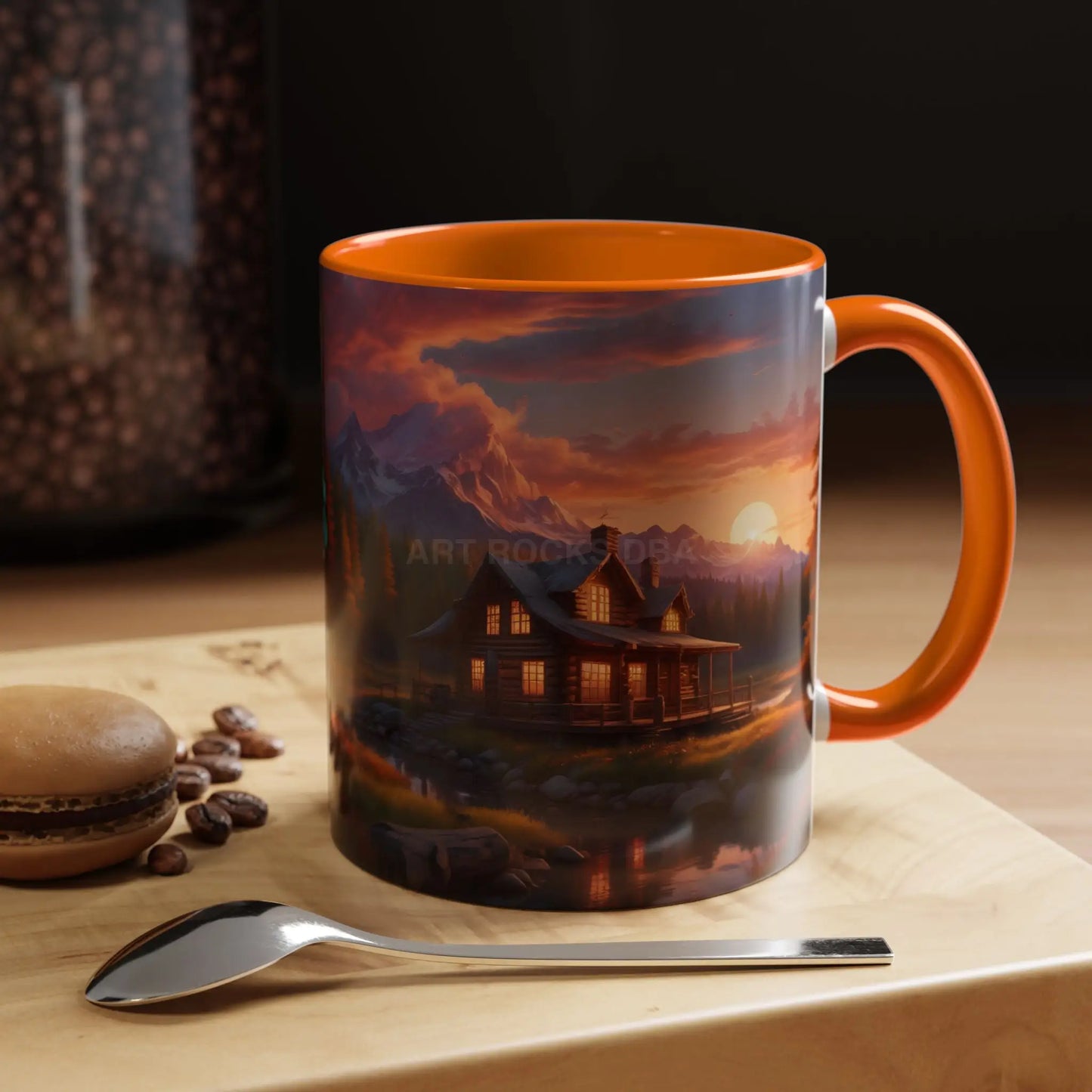 Cabin in the Mountains Sunset Accent Coffee Mug — Cozy Fall Cabin Scene (11/15oz) - Mug