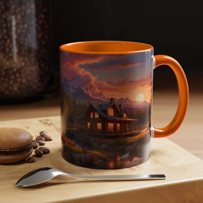 Cabin in the Mountains Sunset Accent Coffee Mug — Cozy Fall Cabin Scene (11/15oz) - Mug