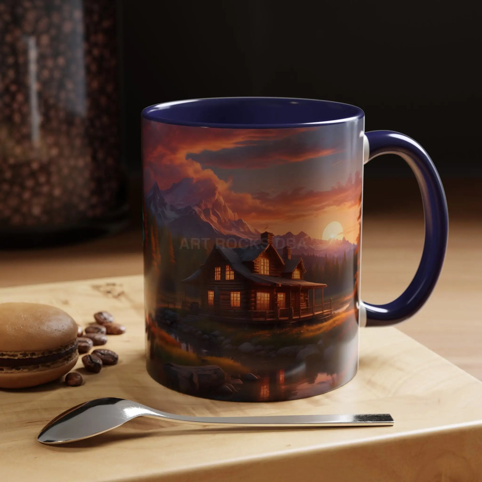 Cabin in the Mountains Sunset Accent Coffee Mug — Cozy Fall Cabin Scene (11/15oz) - Mug