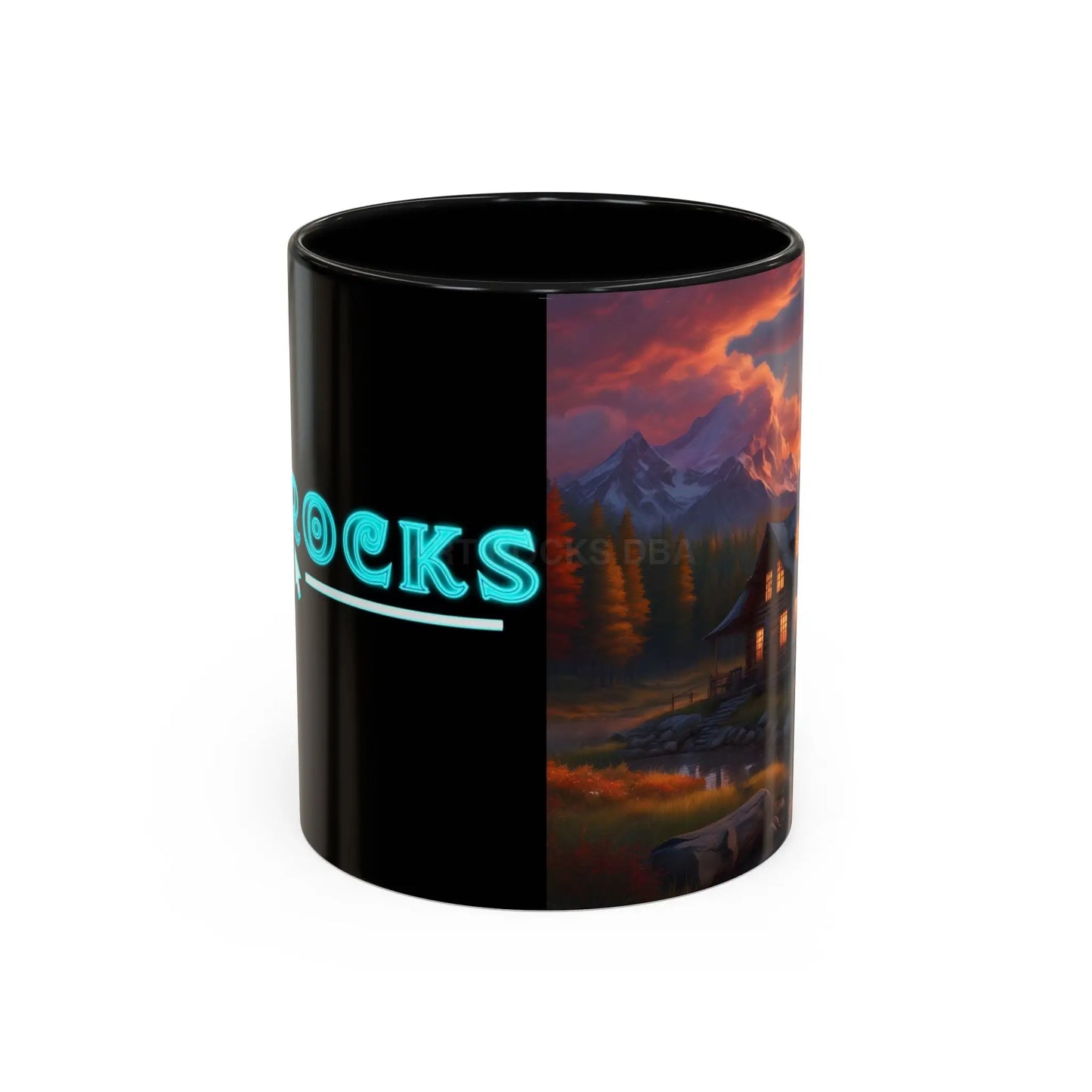Cabin in the Mountains Sunset Accent Coffee Mug — Cozy Fall Cabin Scene (11/15oz) - 11oz / Black - Mug