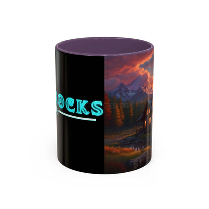 Cabin in the Mountains Sunset Accent Coffee Mug — Cozy Fall Cabin Scene (11/15oz) - 11oz / Purple - Mug