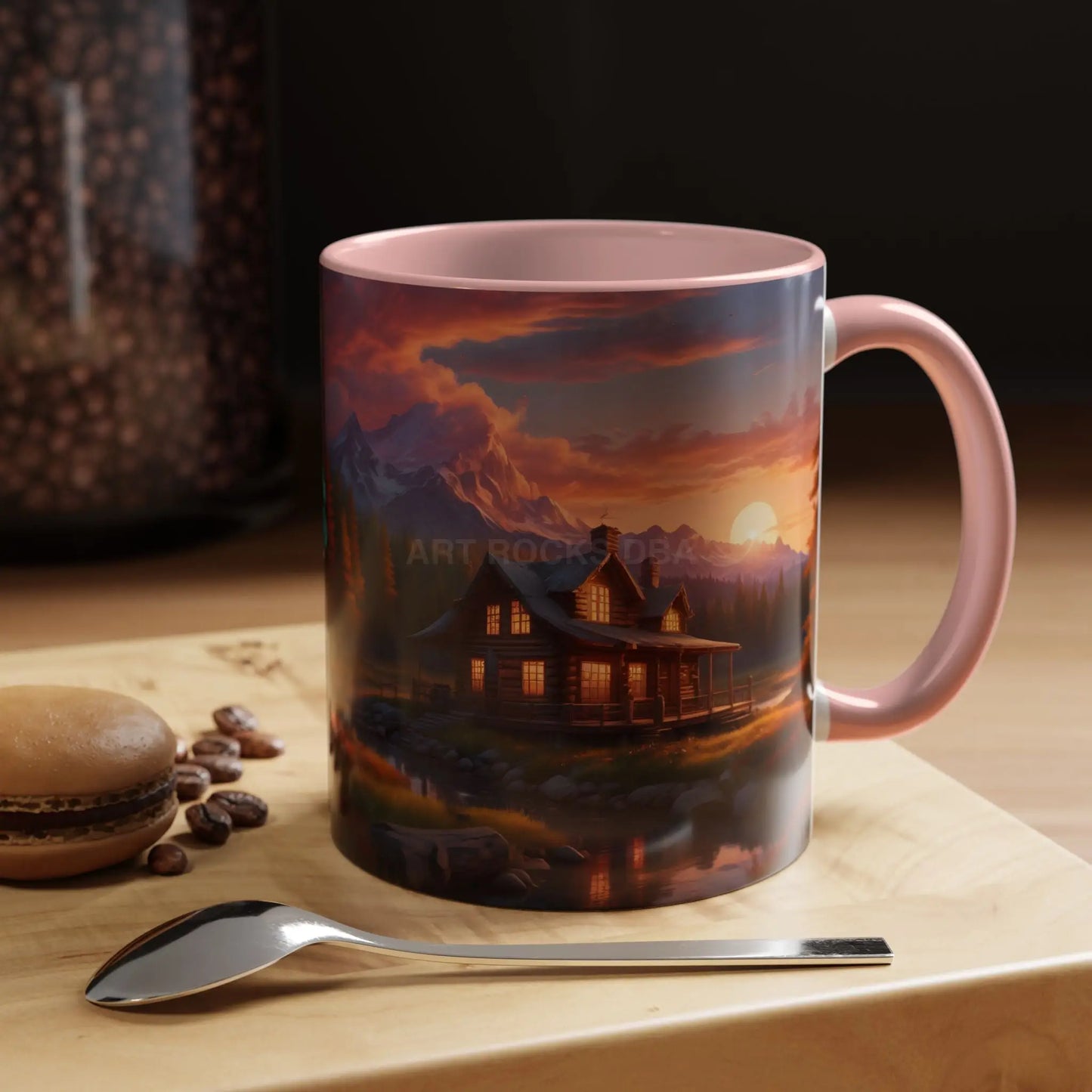 Cabin in the Mountains Sunset Accent Coffee Mug — Cozy Fall Cabin Scene (11/15oz) - Mug