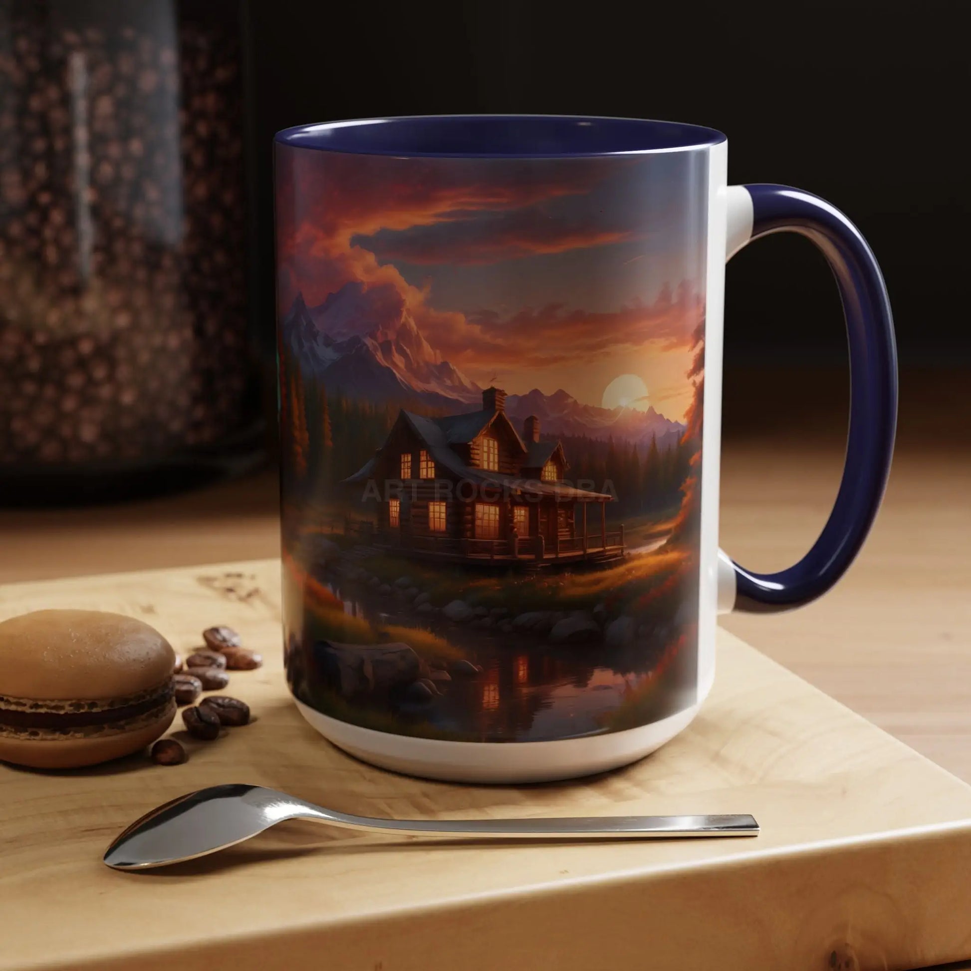 Cabin in the Mountains Sunset Accent Coffee Mug — Cozy Fall Cabin Scene (11/15oz) - Mug