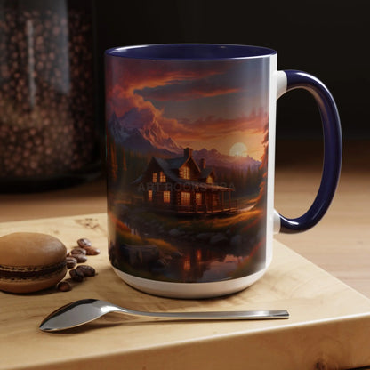 Cabin in the Mountains Sunset Accent Coffee Mug — Cozy Fall Cabin Scene (11/15oz) - Mug