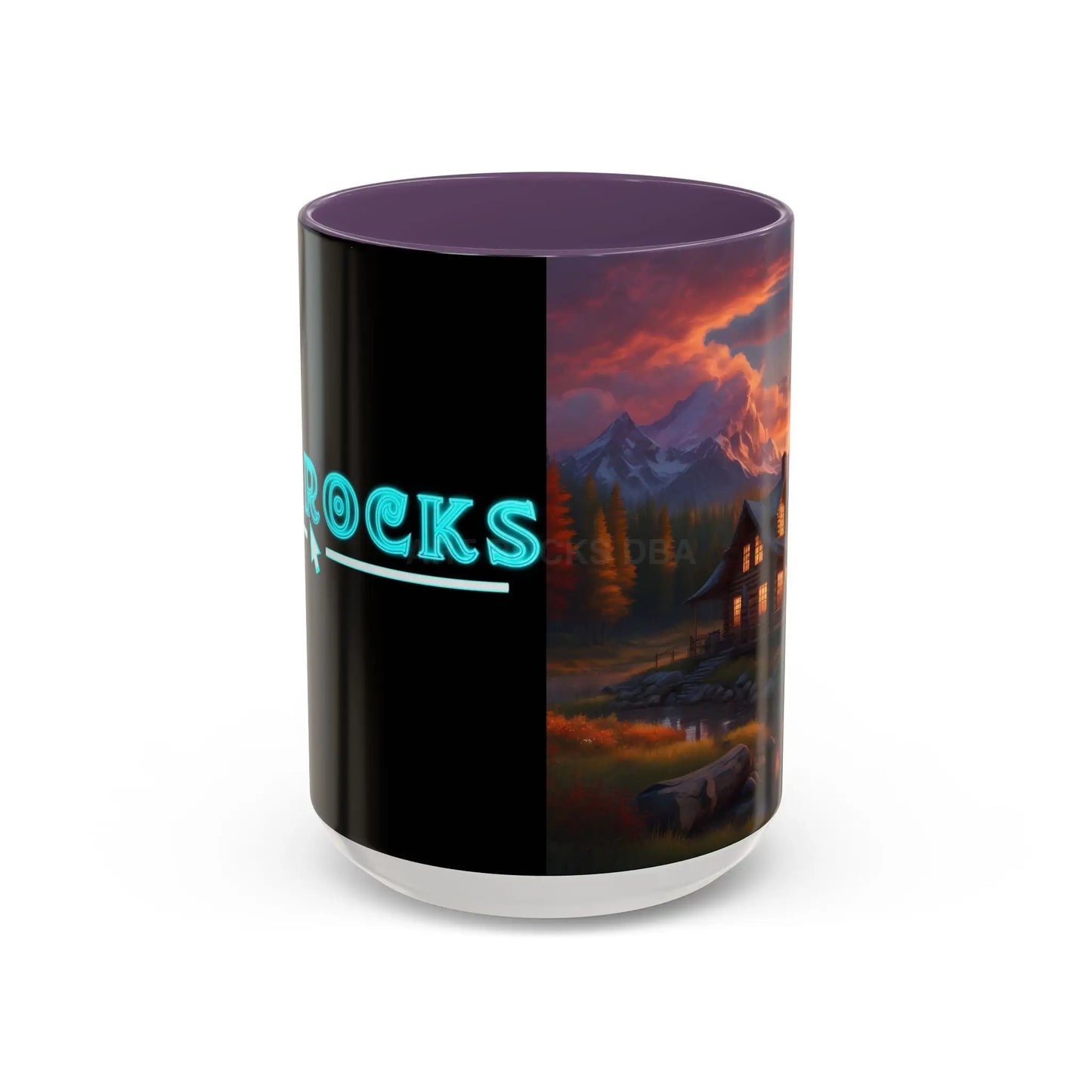 Cabin in the Mountains Sunset Accent Coffee Mug — Cozy Fall Cabin Scene (11/15oz) - 15oz / Purple - Mug