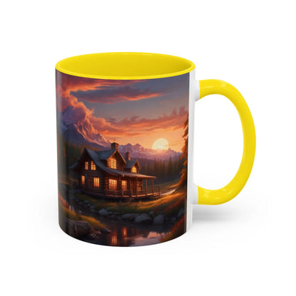 Cabin in the Mountains Sunset Accent Coffee Mug — Cozy Fall Cabin Scene (11/15oz) - Mug