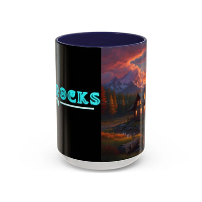Cabin in the Mountains Sunset Accent Coffee Mug — Cozy Fall Cabin Scene (11/15oz) - 15oz / Navy - Mug
