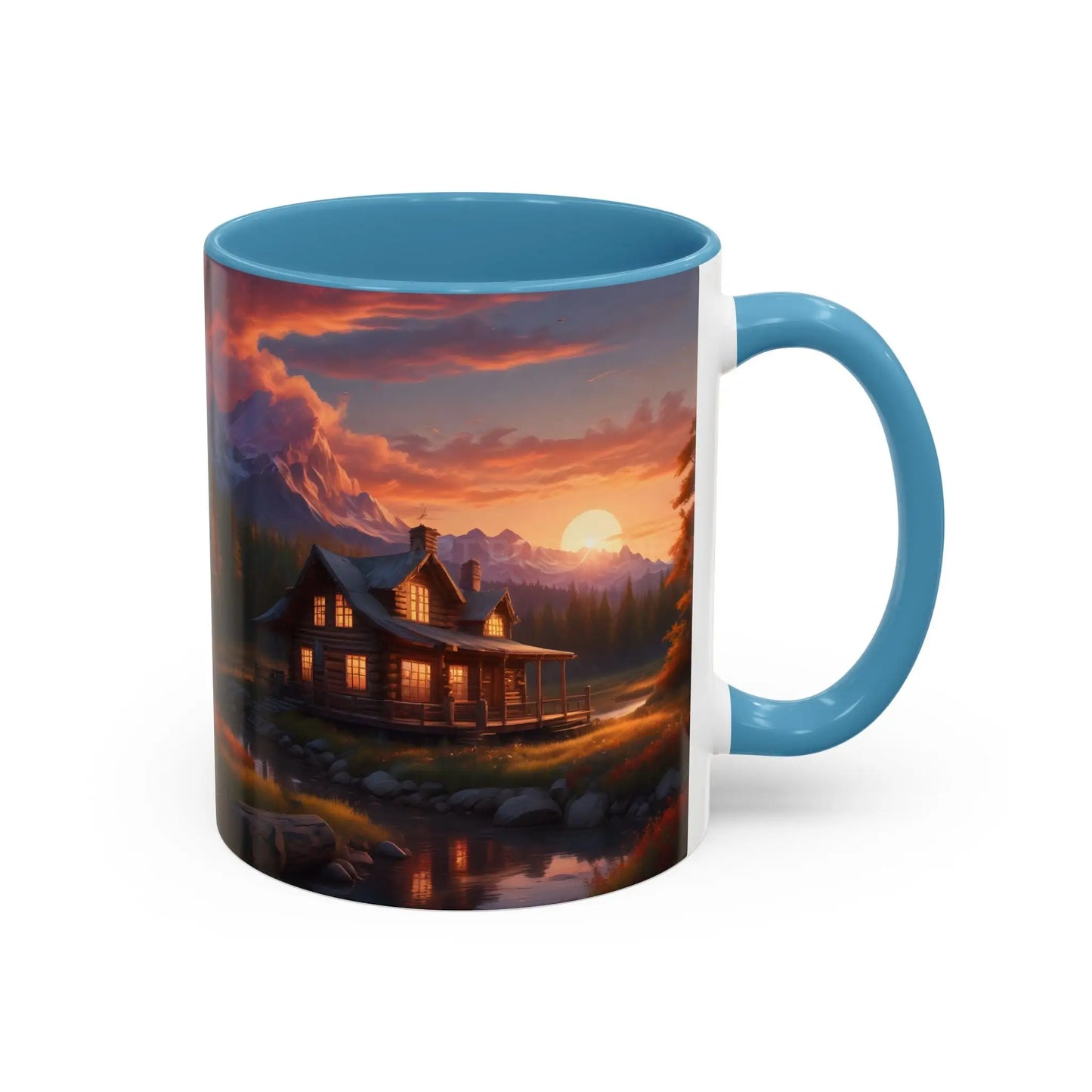 Cabin in the Mountains Sunset Accent Coffee Mug — Cozy Fall Cabin Scene (11/15oz) - Mug