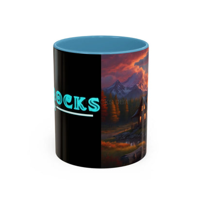 Cabin in the Mountains Sunset Accent Coffee Mug — Cozy Fall Cabin Scene (11/15oz) - 11oz / Light Blue - Mug