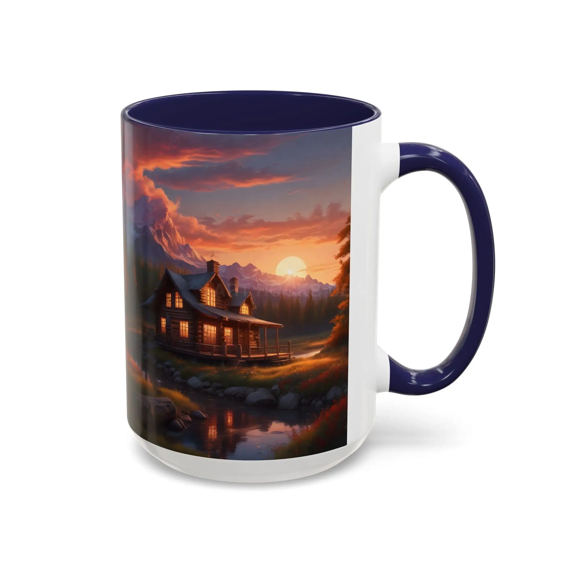 Cabin in the Mountains Sunset Accent Coffee Mug — Cozy Fall Cabin Scene (11/15oz) - Mug