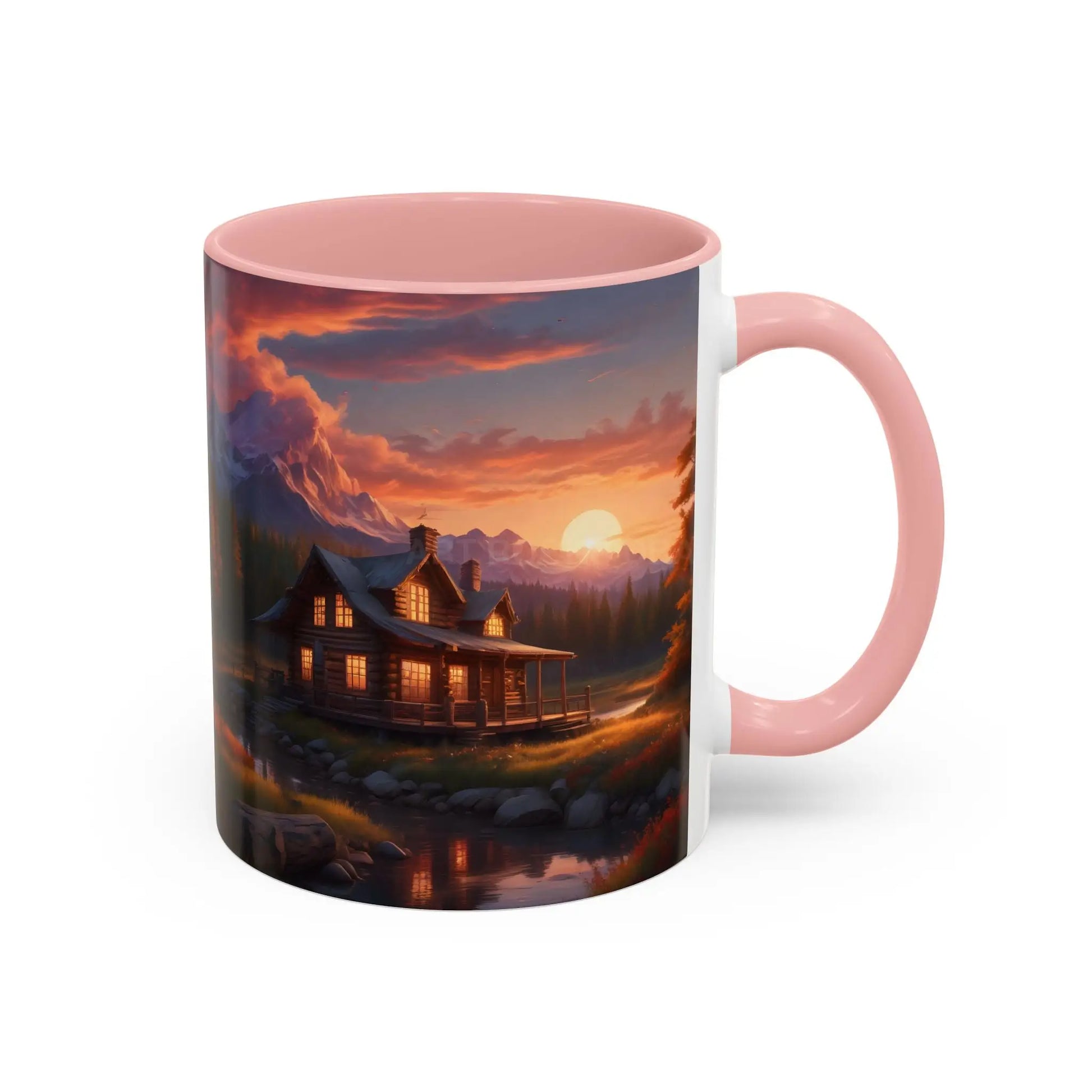Cabin in the Mountains Sunset Accent Coffee Mug — Cozy Fall Cabin Scene (11/15oz) - Mug
