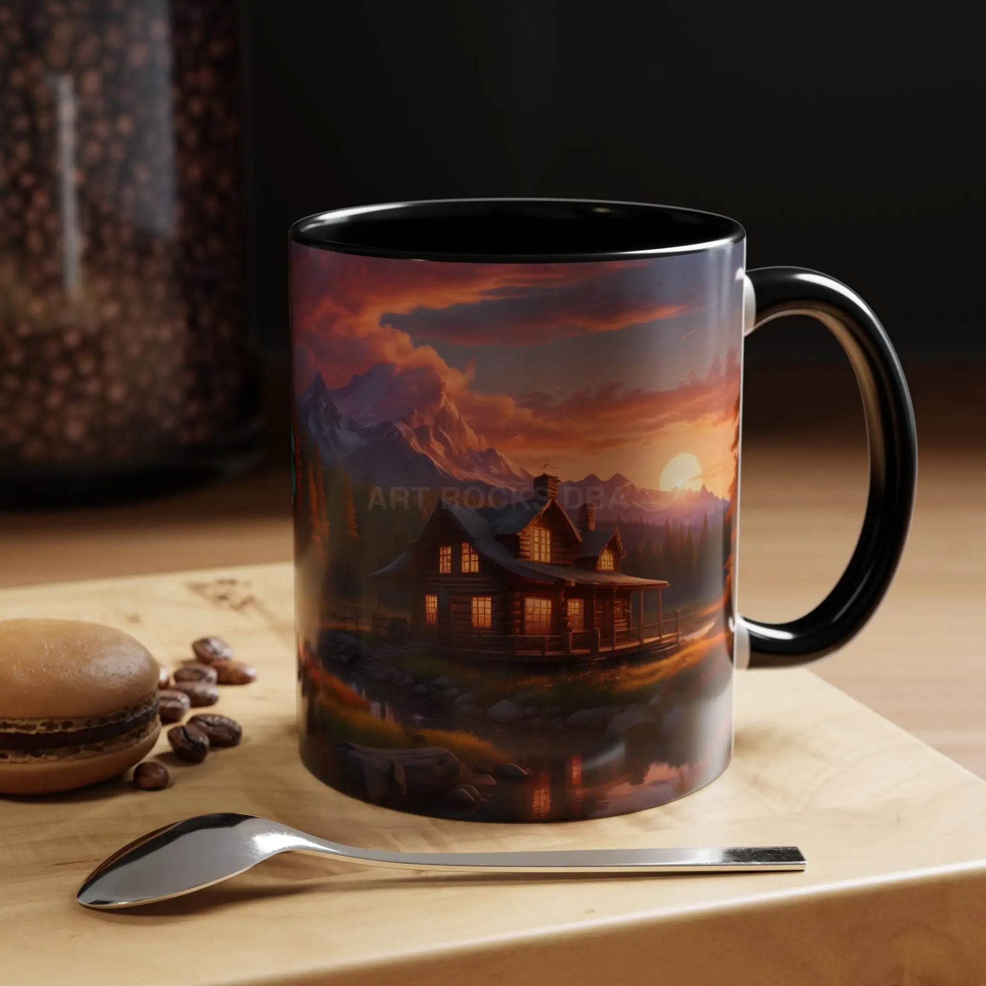 Cabin in the Mountains Sunset Accent Coffee Mug — Cozy Fall Cabin Scene (11/15oz) - Mug