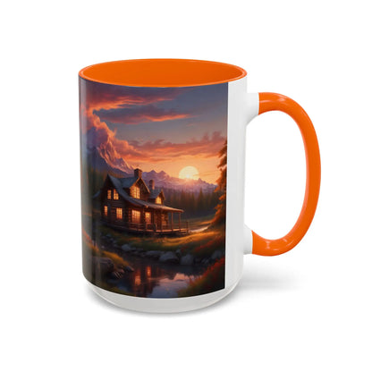 Cabin in the Mountains Sunset Accent Coffee Mug — Cozy Fall Cabin Scene (11/15oz) - Mug