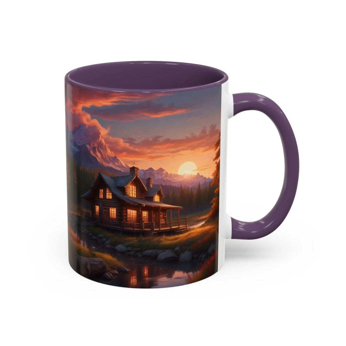 Cabin in the Mountains Sunset Accent Coffee Mug — Cozy Fall Cabin Scene (11/15oz) - Mug
