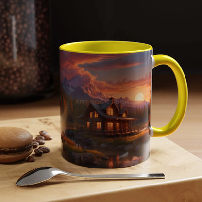 Cabin in the Mountains Sunset Accent Coffee Mug — Cozy Fall Cabin Scene (11/15oz) - Mug