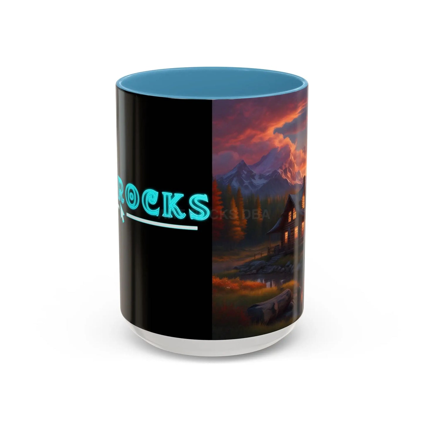 Cabin in the Mountains Sunset Accent Coffee Mug — Cozy Fall Cabin Scene (11/15oz) - 15oz / Light Blue - Mug