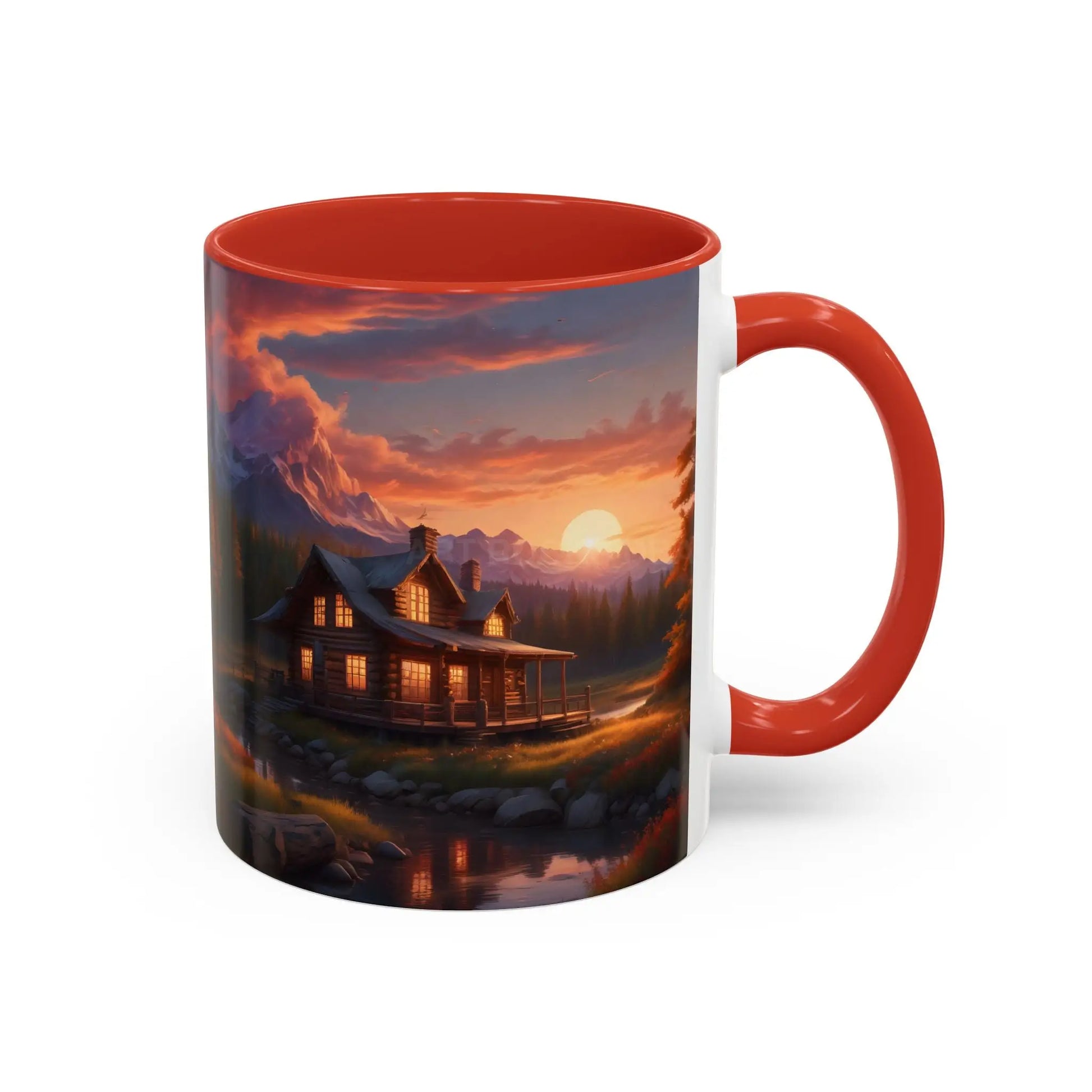 Cabin in the Mountains Sunset Accent Coffee Mug — Cozy Fall Cabin Scene (11/15oz) - Mug
