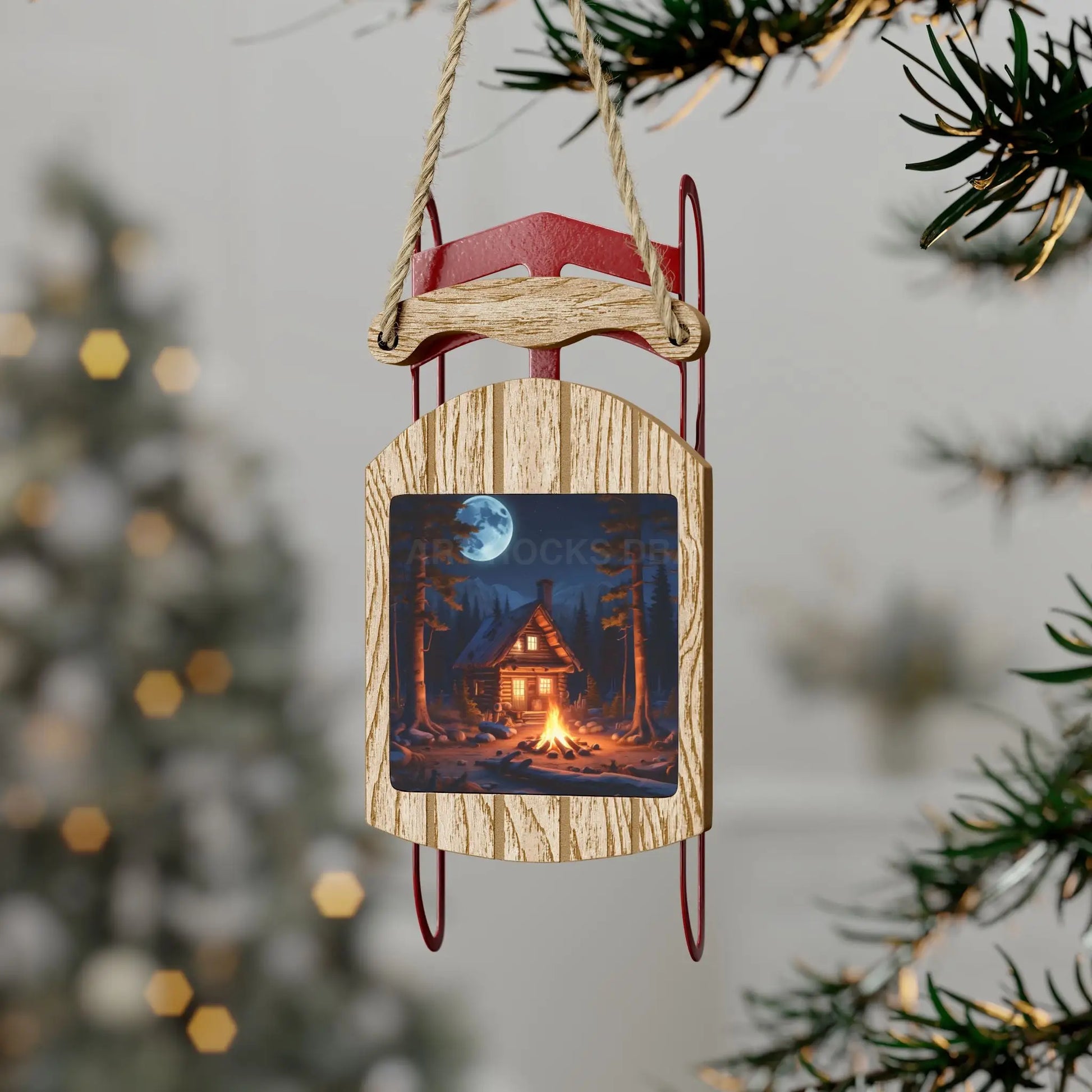 Cabin in the Woods Sled Ornament — Campfire Night Holiday Decor - 2.1’’ × 4.6’’ / 1 pc - Home Decor