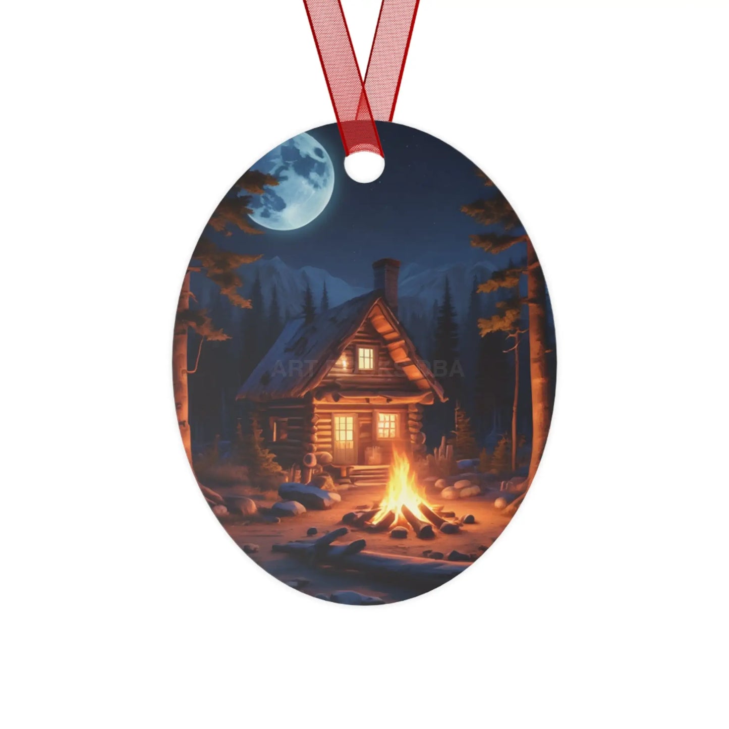 Cabin Night Metal Ornament — Cozy Campfire Lodge Holiday Decoration - Oval / One Size - Home Decor