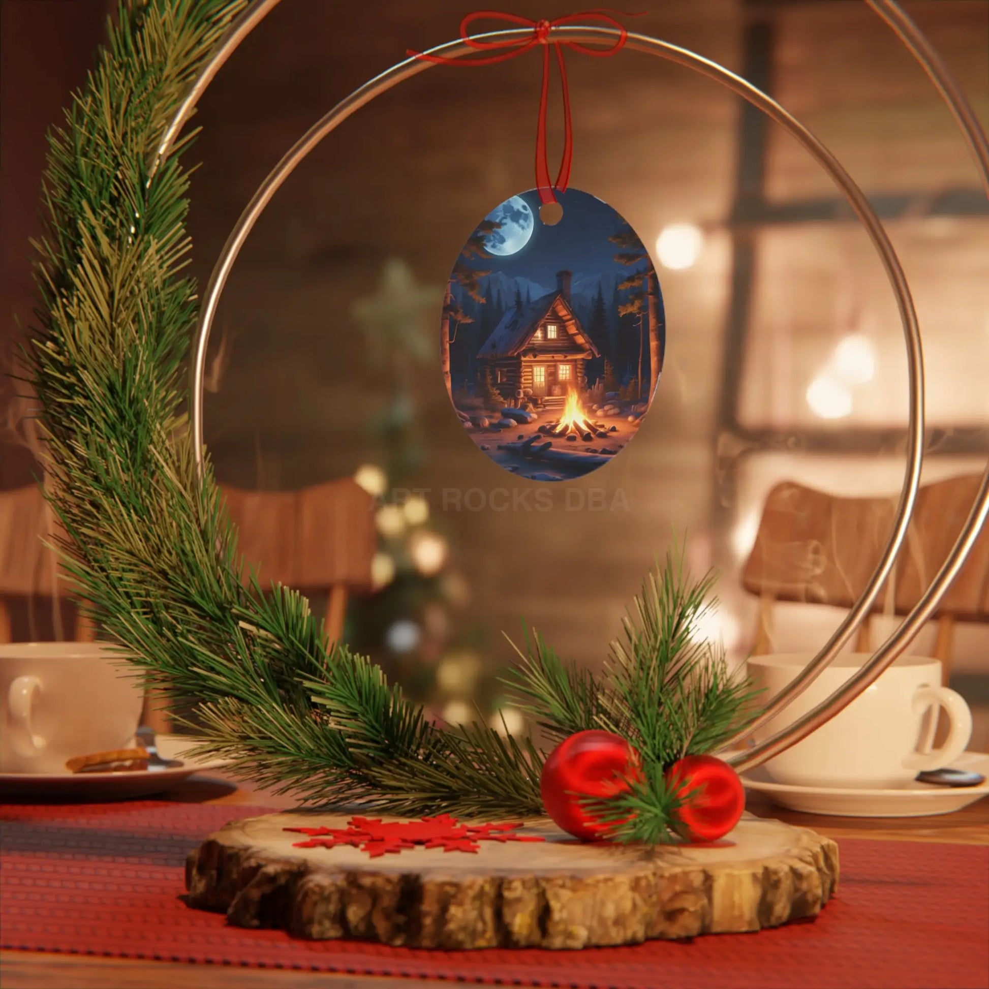 Cabin Night Metal Ornament — Cozy Campfire Lodge Holiday Decoration - Home Decor