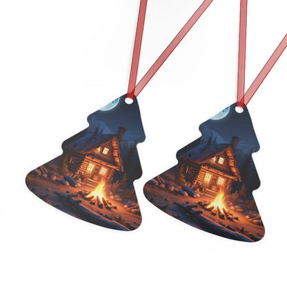 Cabin Night Metal Ornament — Cozy Campfire Lodge Holiday Decoration - Home Decor
