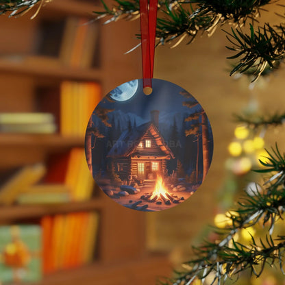 Cabin Night Metal Ornament — Cozy Campfire Lodge Holiday Decoration - Home Decor