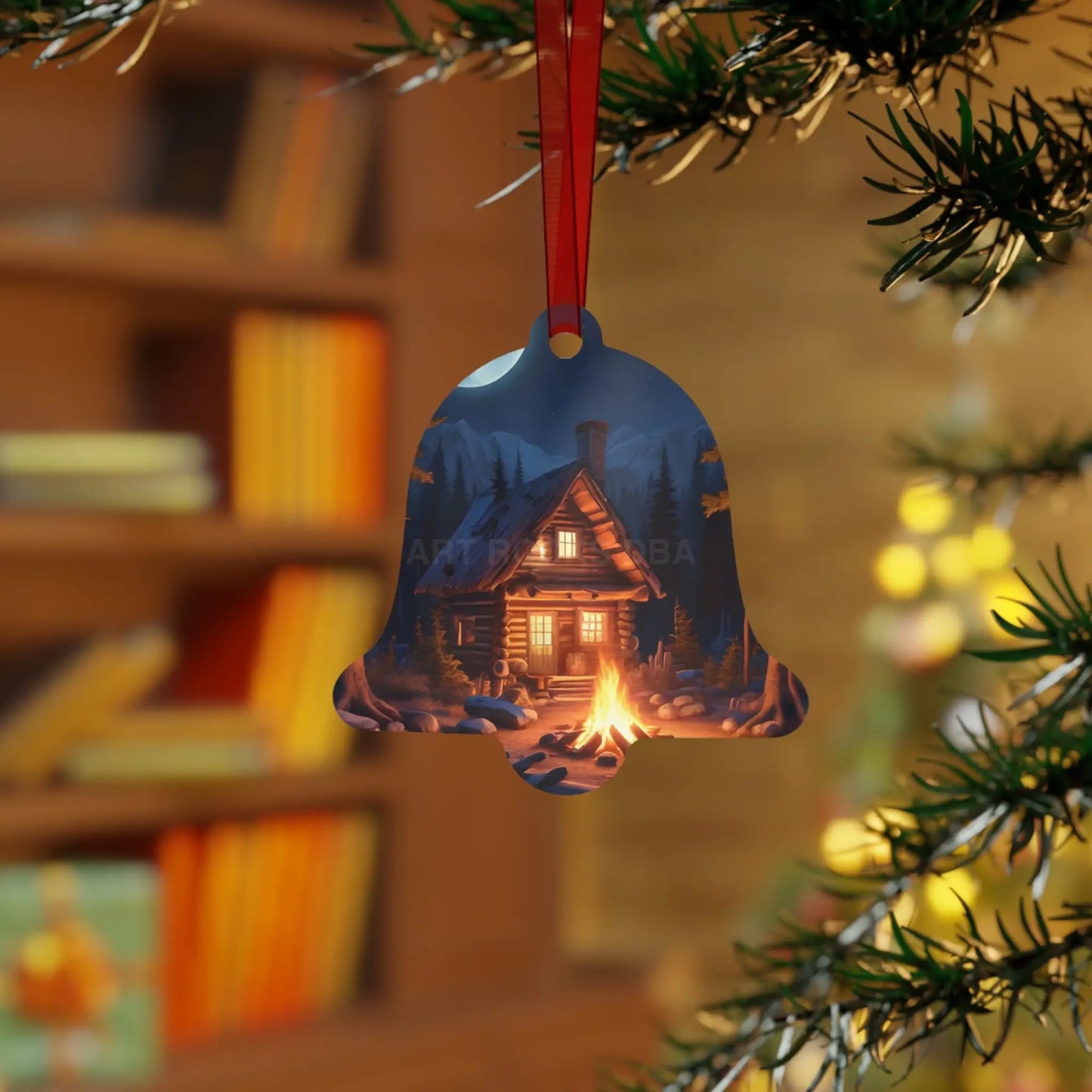 Cabin Night Metal Ornament — Cozy Campfire Lodge Holiday Decoration - Home Decor