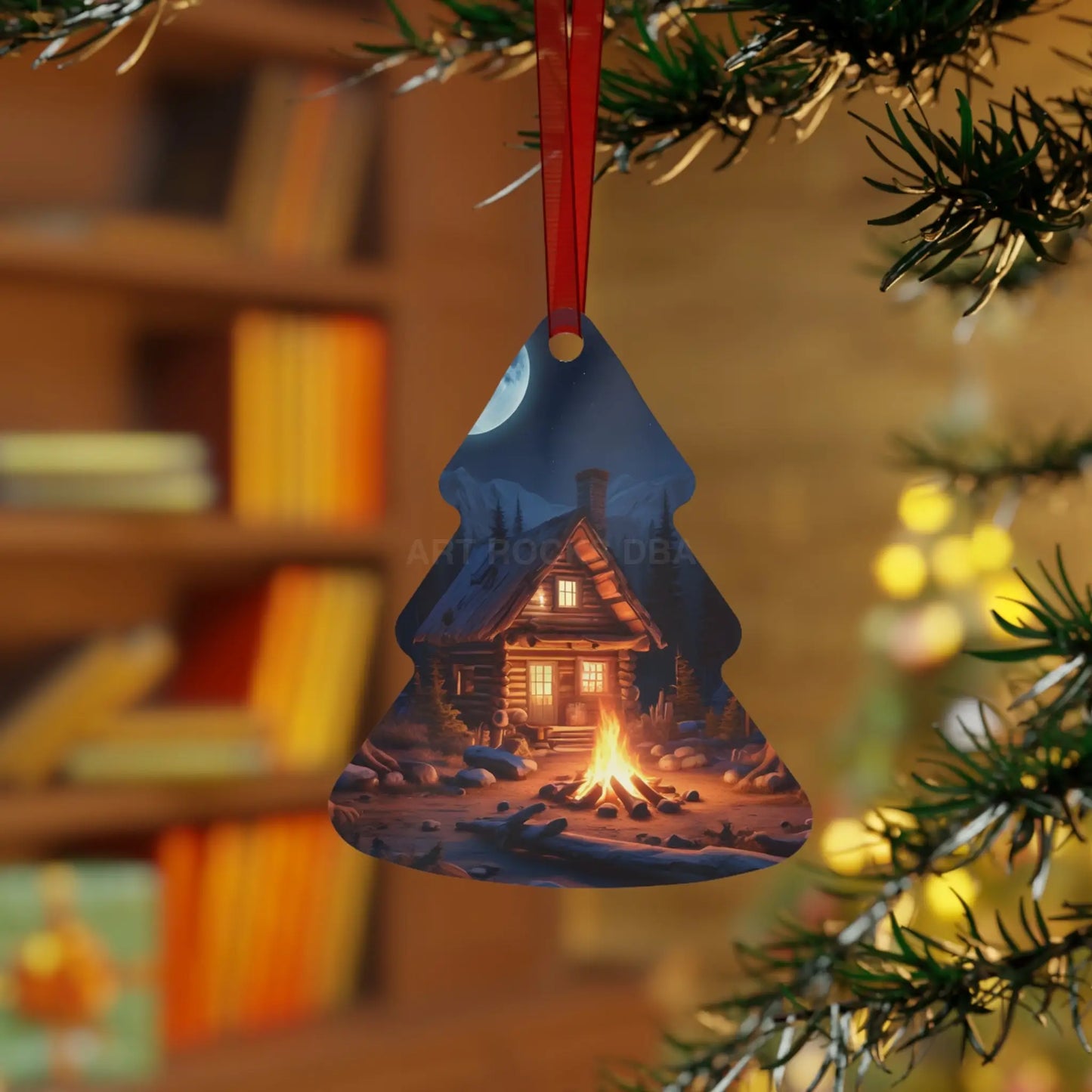 Cabin Night Metal Ornament — Cozy Campfire Lodge Holiday Decoration - Tree / One Size - Home Decor